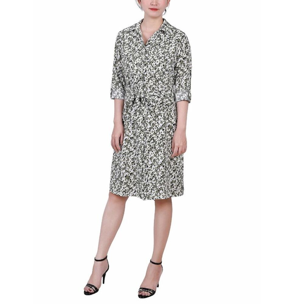 NY Collection Petite Printed Long Sleeve Roll Tab Shirtdress